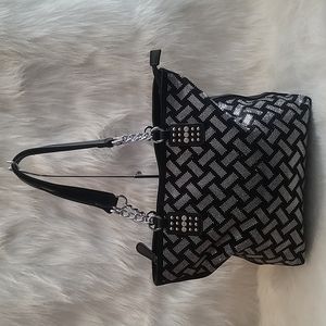 BLACK WOVEN RHINESTONE DESIGN TOTE BAG